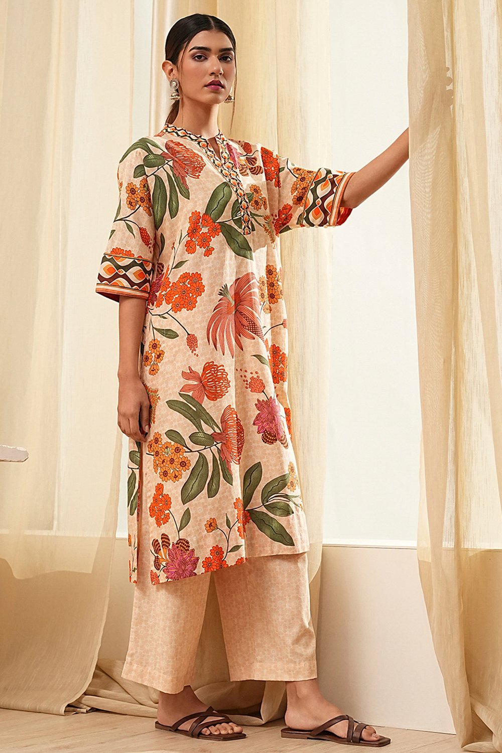 Beige Cotton Blend Straight Kurta Set | Biba India