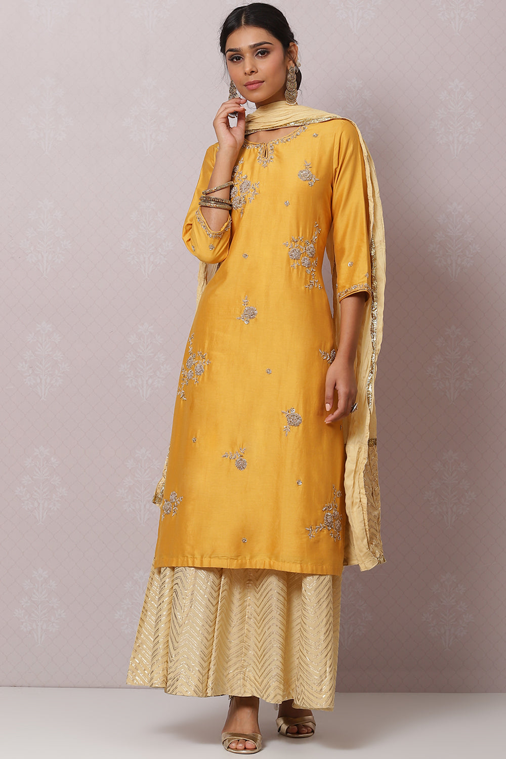 Mustard Cotton Silk Straight Kurta Sharara Suit Set | Biba India