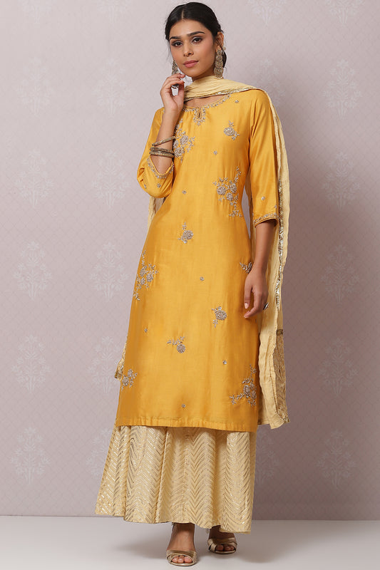 Mustard Cotton Silk Straight Kurta Sharara Suit Set | Biba India